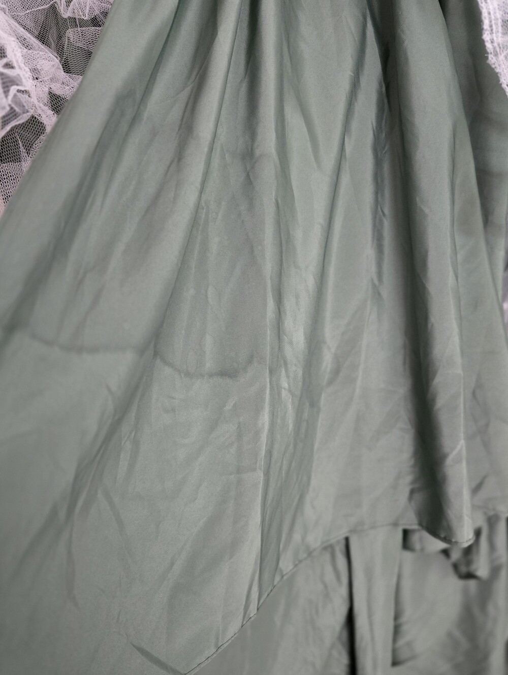 Azazie Celia Flowergirl Dress Eucalyptus Green White Lace 3D Flowers Train 14 - Picture 14 of 16